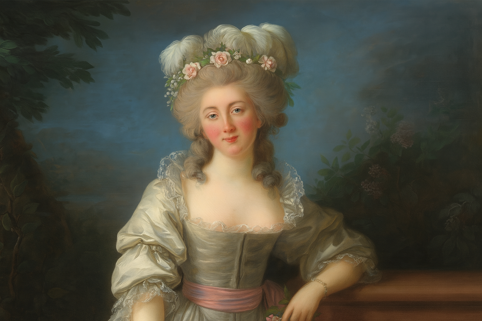 Portrait of a woman in an elegant dress with floral hairpiece against a natural background